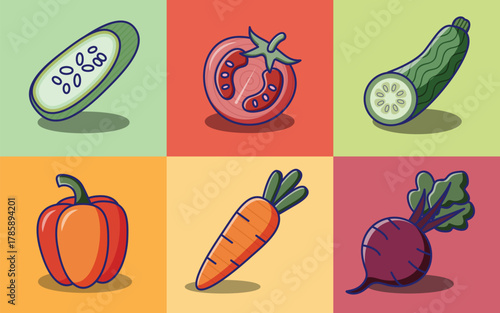 Set of 6 Cute Cartoon Healthy Foods on Light Background Cucumber Tomato Zucchini Bell Pepper Carrot Beetroot