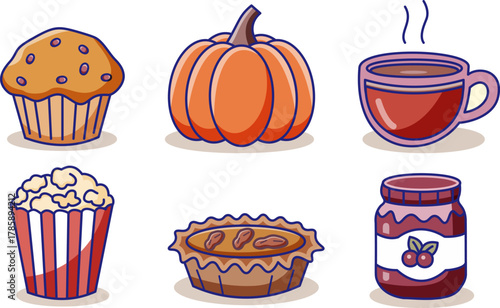 Set of 6 Cute Cartoon Fall Foods and Drinks on Cream Background – Muffin, Pumpkin, Tea, Tart, Popcorn