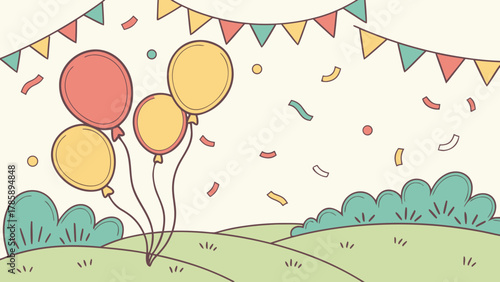 Celebration scene with balloons, confetti, and pennants