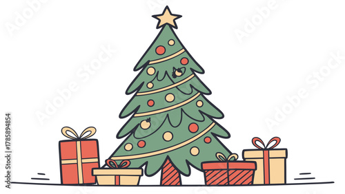 Festive christmas tree with gifts, holiday celebration
