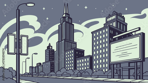 Cityscape illustration featuring tall buildings, streetlights, and billboards