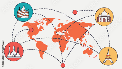 World map with famous landmarks connected by dotted lines