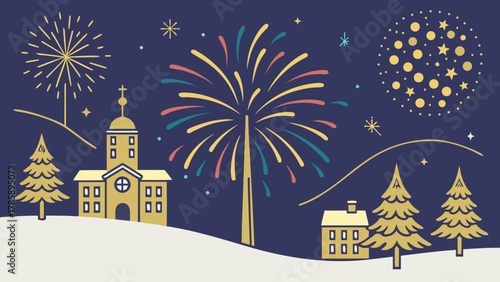 Festive village scene with fireworks illuminating the night sky above