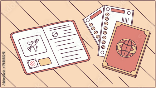 Passports and tickets for international travel preparation on wooden surface