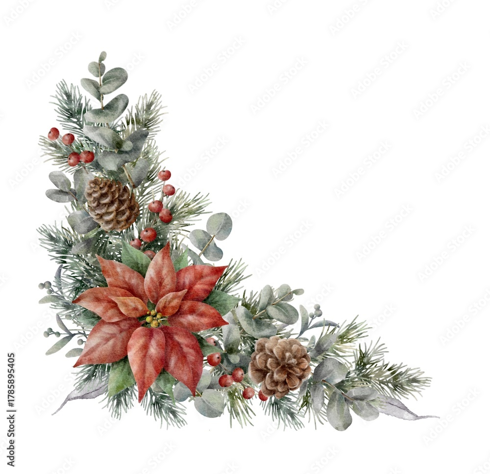 Fototapeta premium Watercolor corner Christmas element with red poinsettia, berries, cones. Spruce corner garland. Christmas star flower.