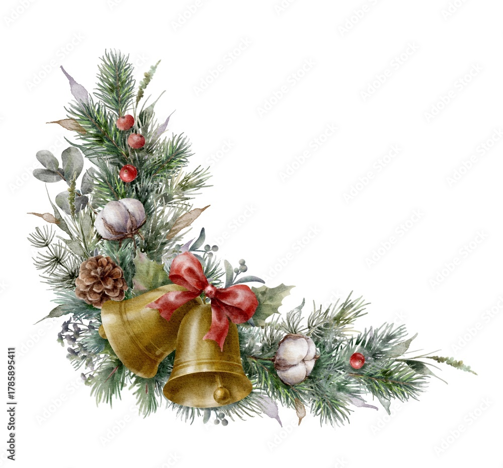 Fototapeta premium Watercolor corner Christmas element with fir branches, jingle bells, eucalyptus, cotton flowers, berries and cones. Spruce corner garland. 