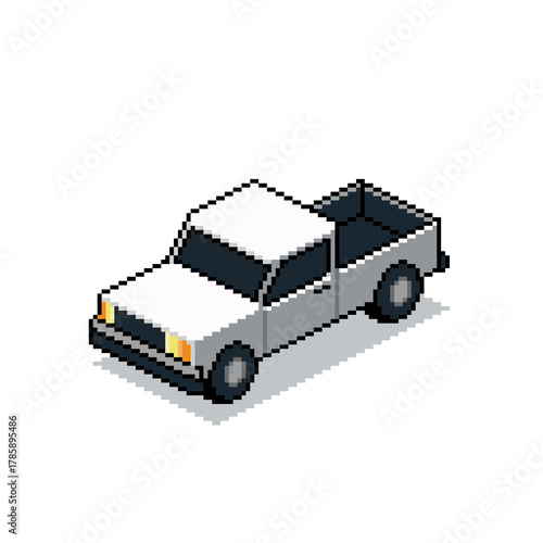 Isometric Pixel Art White Pickup Truck.Minimal 8-bit style vehicle illustration