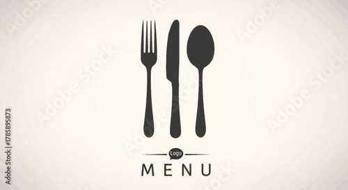 Set of fork, knife, spoon. Logotype menu. Set in flat style. Silhouette of cutlery. Vector illustration