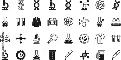 Science laboratory icon set, DNA helix, microscope, chemical flask, biology, molecular research, test tube, scientific experiment, education illustration
