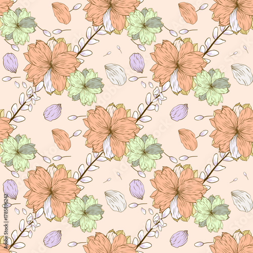 Seamless red floral pattern with hand-drawn flowers. Vector illustration. Design for textiles, rugs, fabric, cards, wrapping paper, and wallpaper. 