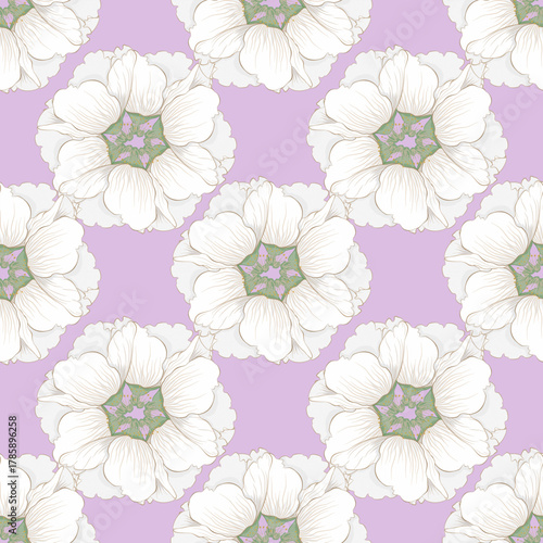 Seamless pattern with white flowers on a lilac background. Vector illustration. Design for fabric, textiles, curtains, rugs, home decoration, and cards.