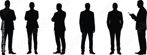Silhouette of business people in formal suits standing, professional men teamwork concept, leadership and corporate discussion illustration