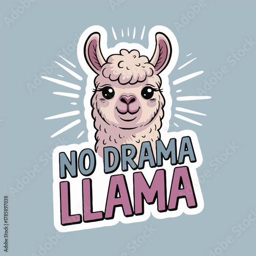 Cartoon llama with no drama llama text on a light blue background with white line accents