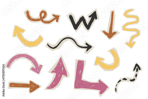 Cutout torn paper pieces geometric shapes, arrows, grunge crayon hand drawn set. Collage funky, groovy retro doodle parts, scrapbook elements, design