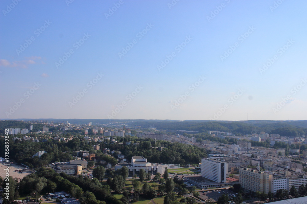 Fototapeta premium Panoramic view of Gdynia city and beach on Baltic Sea coast on sunny day