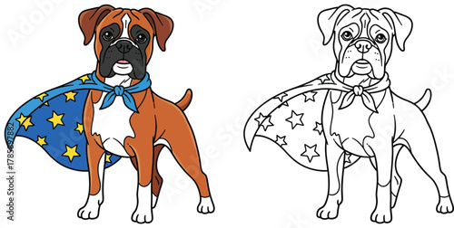 Adorable Boxer Dog Superhero Cartoon Character with Cape - Cute Puppy with Blue Cape and Yellow Stars, Isolated on White Background for Children's Design and Coloring Books