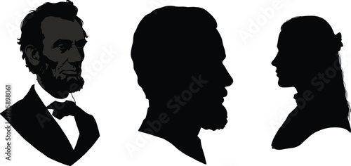 Vintage silhouette portraits of man and woman, historical profile illustration, classic black and white art, antique style vector design, retro concept
