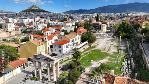 Photos Aerial drone photo of iconic Roman Market featuring tower of Winds and Gate of A