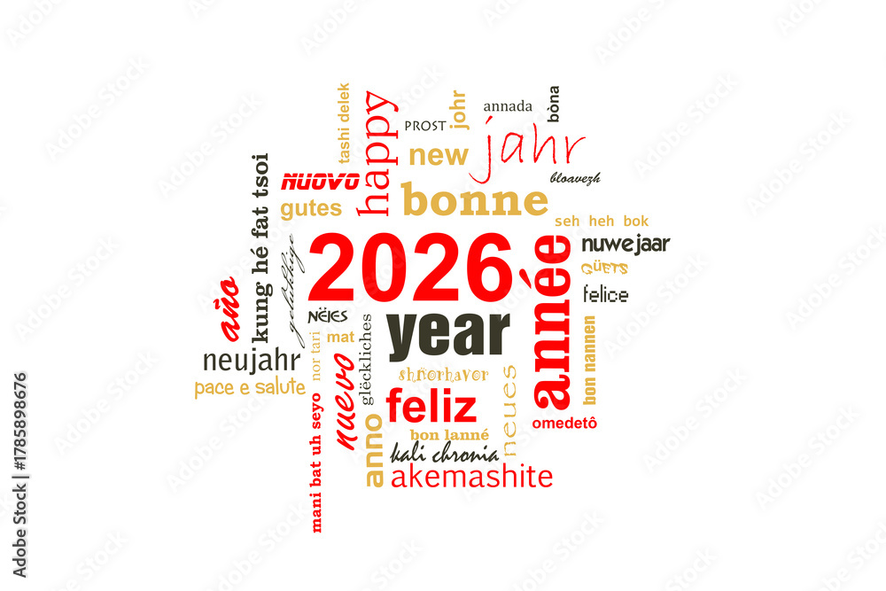 Fototapeta premium 2026 new year multilingual colorful text word cloud greeting card on white background