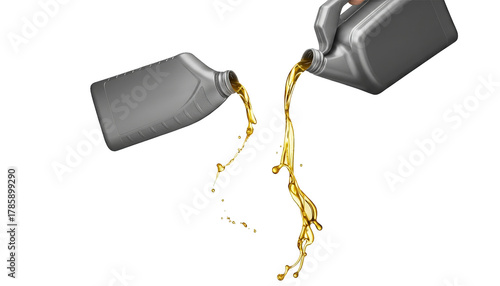 Motor oil is poured from two containers, creating a dynamic stream against transparency.