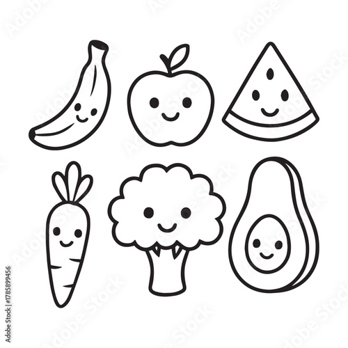 Kawaii fruit & veggie smiles of cute healthy food line art vector illustration collections