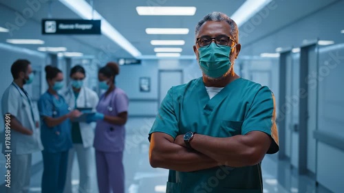 Doctor standing with arms crossed. Medical staff in scrubs wear mask. Nurse and surgeon confer in hospital corridor. Healthcare teamwork shows leadership and care. Calm clinical setting aids safety.