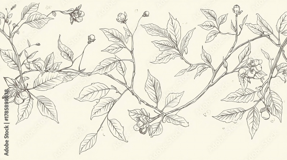 Fototapeta premium Elegant botanical sketch of delicate branches with leaves and berries, perfect for vintage designs and natural motifs.