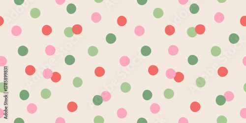 Christmas confetti vector seamless pattern. Colorful pastel confetti trendy background. Polka dots print in pink, green, red colors on Xmas, birthday, party. Holiday wrapping paper.