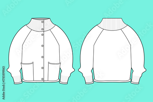 Unisex Raglan Sleeve Button-Up Sweater Flat Sketch Front and Back Technical Design