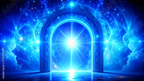 Bright digital of a blue sky door to the light in space near a planet and stars