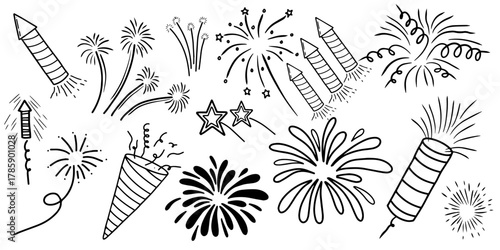 Hand drawn fireworks and celebration doodle set vector. Outline sketch collection of firecrackers and explosions. New year party elements line art
