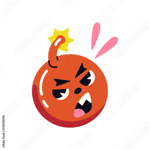 Angry emoji of red bomb with burning wick. Furious character with facial expressions of rage and anger. Emoticon with irritated emotions on face. Flat isolated vector illustration on white background