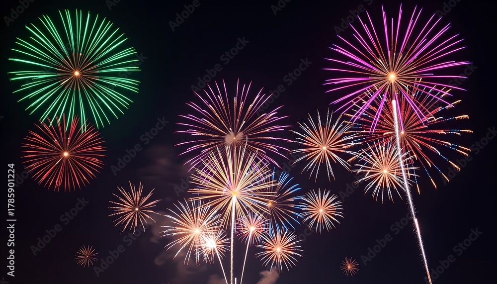 Fototapeta premium Fireworks exploding in the night sky, creating a vibrant and festive display. The colors are brilliant and the formations are diverse