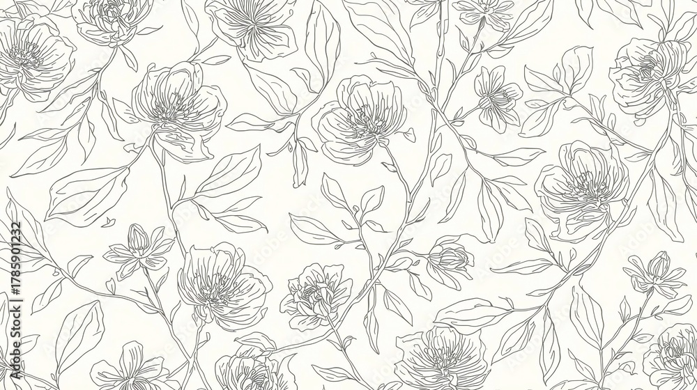 Obraz premium Delicate line art floral pattern with blooming flowers and elegant leaves, perfect for sophisticated stationery and modern decor backgrounds.