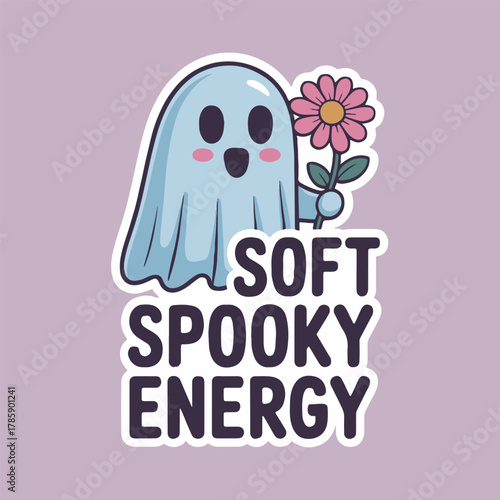 Cartoon ghost holding a pink flower with the words soft spooky energy on a light purple background