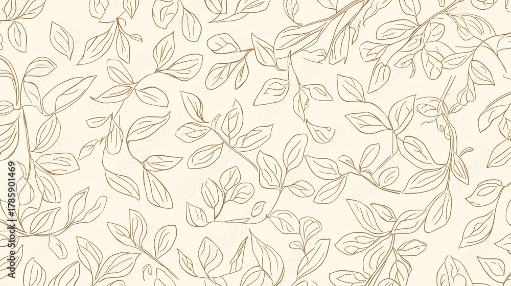 Fototapeta premium Elegant botanical pattern with delicate line art leaves on a soft cream background, perfect for sophisticated design projects and natural themes.