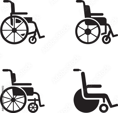 Wheelchair Icons Set – Black Silhouette Accessibility and Mobility Symbols for Medical and Healthcare Design