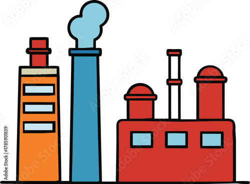 Stylized industrial factory building with tall smokestack emitting smoke isolated on transparent background