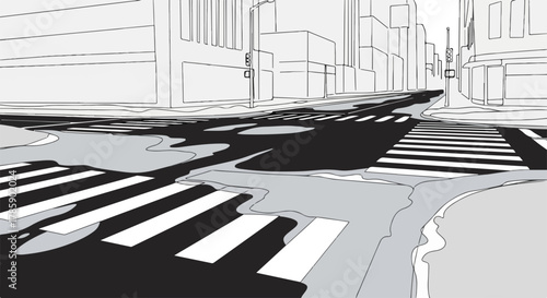City crosswalk covered in winter slush and puddles. Minimalist black and white line art of an urban intersection. Moody cityscape background graphic