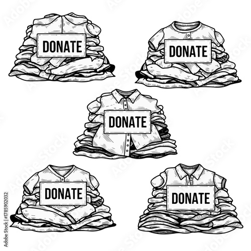 Clothing piles with donate signs in a hand-drawn sketch style. A set of graphics for charity, recycling, and second-hand apparel concepts
