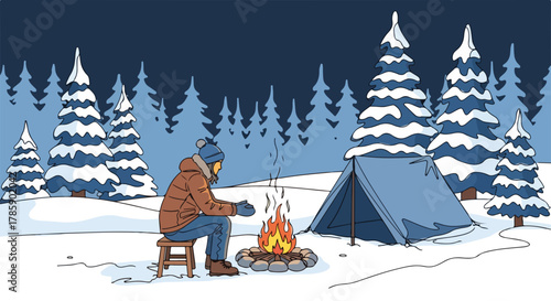 A camper warming by a campfire in a snowy forest at night. Winter camping and outdoor adventure concept. Hand-drawn cartoon graphic