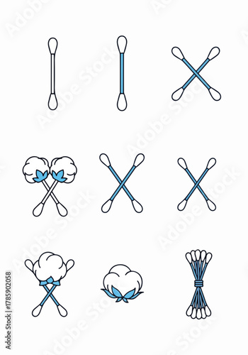 Cotton swab and cotton plant icon set. Minimalist line art symbols for hygiene and personal care. Clean flat design graphics isolated on a white background.