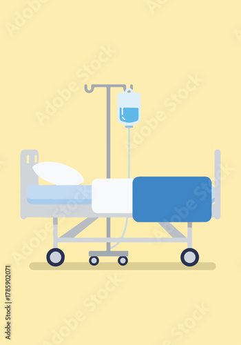 Empty hospital bed with an IV drip stand. Vertical graphic of a medical and healthcare concept. Simple flat design for patient care