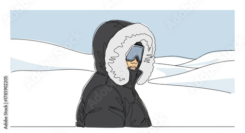 Person in a winter parka standing in a snowy landscape. Continuous one-line art drawing. Minimalist graphic for cold weather and outdoor adventure concepts