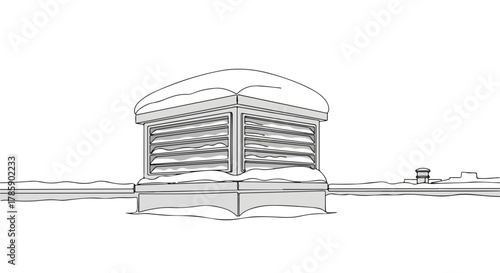 A minimalist drawing of a snow-covered rooftop vent. Simple winter line art for weather or HVAC themes. Black and white architectural sketch