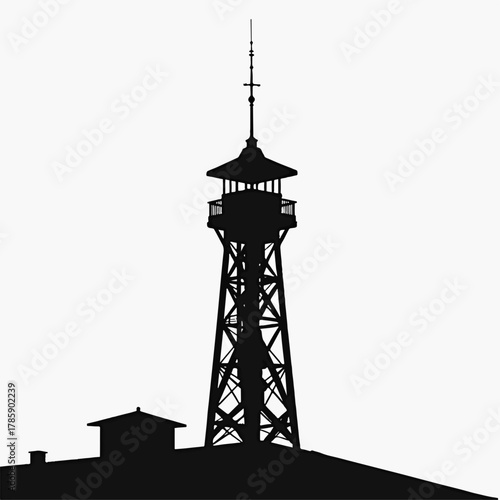 Rooftop communication tower silhouette. Radio and signal broadcast symbol. Isolated monochrome graphic design element