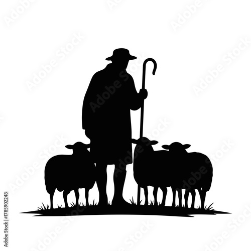 A shepherd with his flock of sheep silhouette. Biblical and agricultural concept icon. Minimalist black and white graphic design