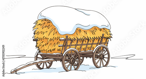 A rustic hay cart covered in snow. Cartoon drawing of a traditional wooden farm wagon in a winter scene