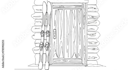 Skis leaning against a rustic cabin door in a single line drawing. Winter sports and mountain vacation concept. Minimalist outline graphic