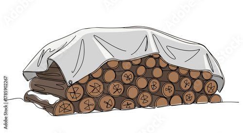 One line drawing of a firewood stack. Minimalist woodpile covered with a tarp for winter. Rustic fuel and heating graphic